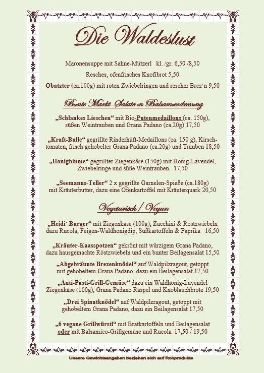 Speisenkarte Waldeslust Seite 1 ab 01.10.2025